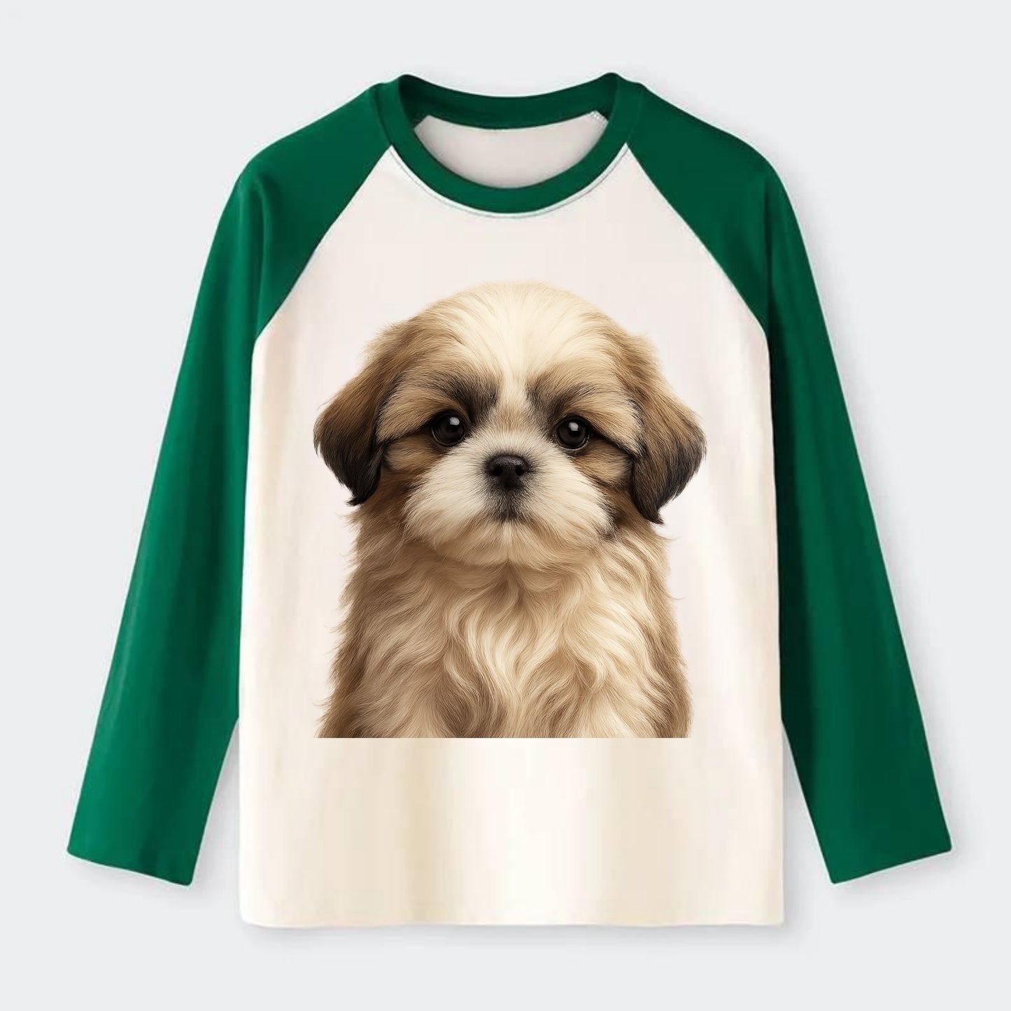 Baby Shih Tzu Puppy - long flowing coat, flat face, big dark eyes, - Raglan Long Sleeve T-Shirt - Green