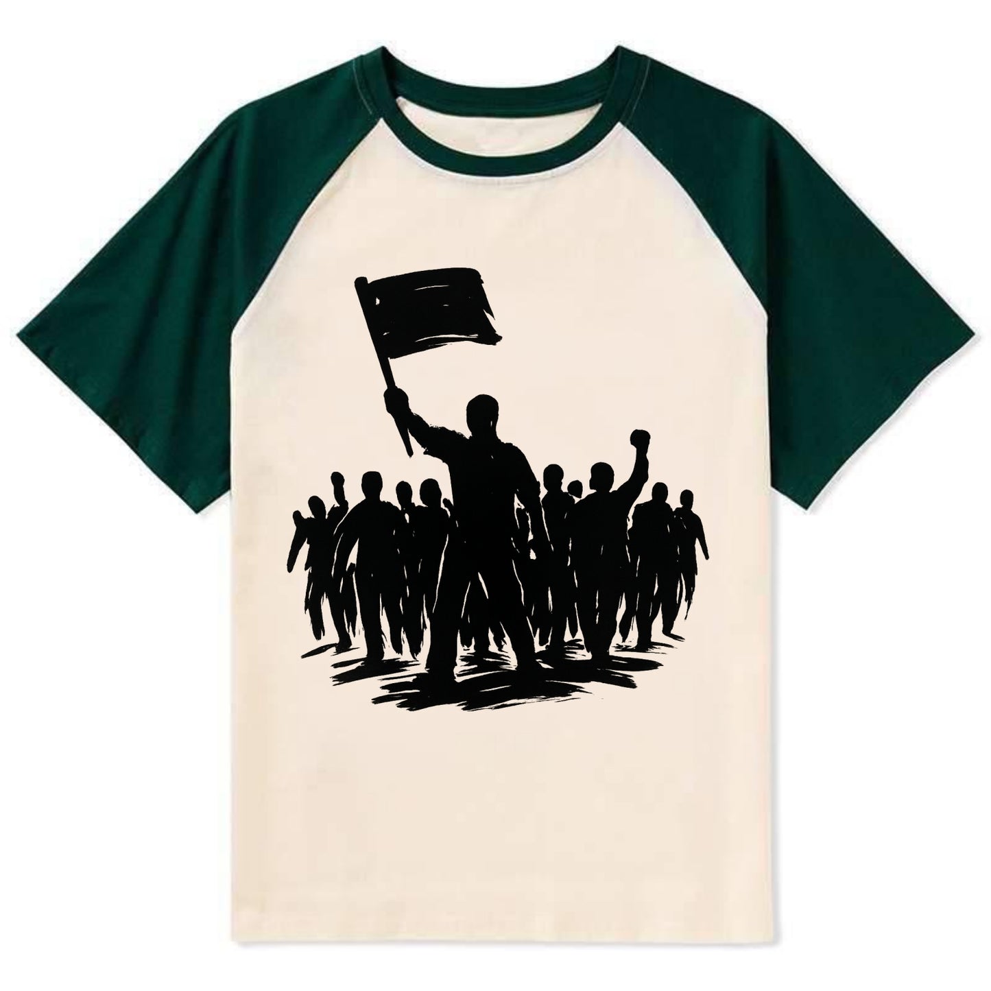 Crowd of protesters marching - solidarity movement ink painting - Contrast Raglan T-shirt - Green