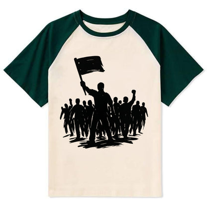 Crowd of protesters marching - solidarity movement ink painting - Contrast Raglan T-shirt - Green