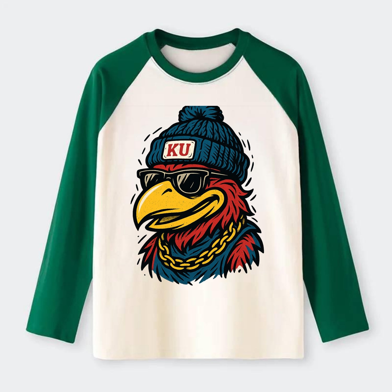 Lawrence Jayhawk wearing Kansas beanie with KU patch - Raglan Long Sleeve T-Shirt - Green