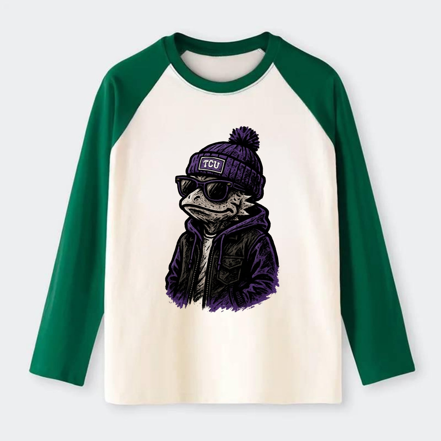 Fort Worth Frog wearing TCU beanie with horned patch - Raglan Long Sleeve T-Shirt - Green