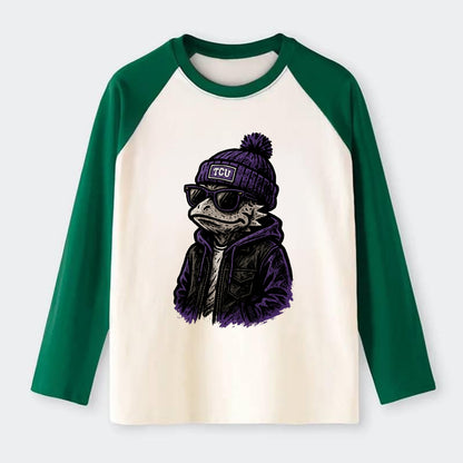 Fort Worth Frog wearing TCU beanie with horned patch - Raglan Long Sleeve T-Shirt - Green