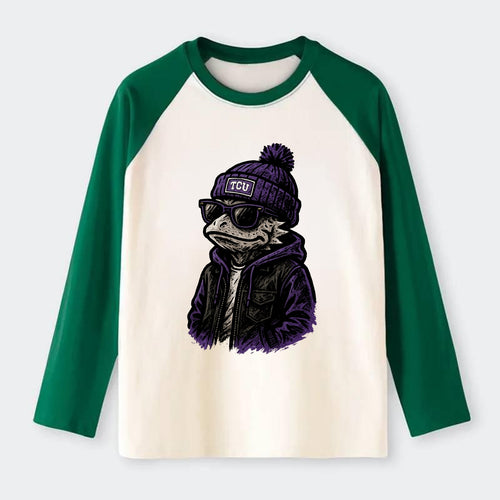 Fort Worth Frog wearing TCU beanie with horned patch - Raglan Long Sleeve T-Shirt