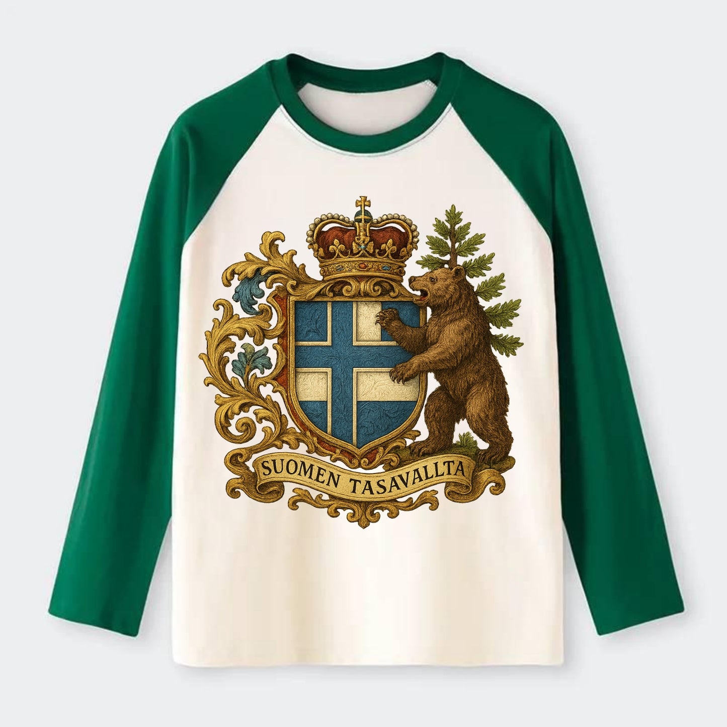Finland Brown Bear Emblem - Raglan Long Sleeve T-Shirt - Green