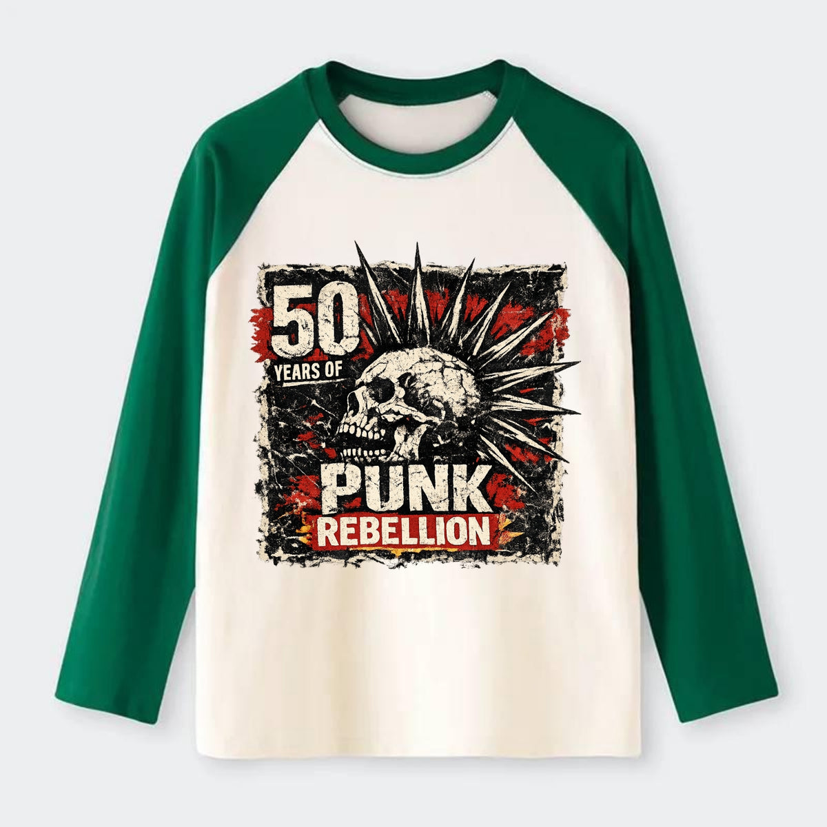 MOHAWK RISING | Spiked hair silhouette | Liberty spikes | Punk - Raglan Long Sleeve T-Shirt - Green