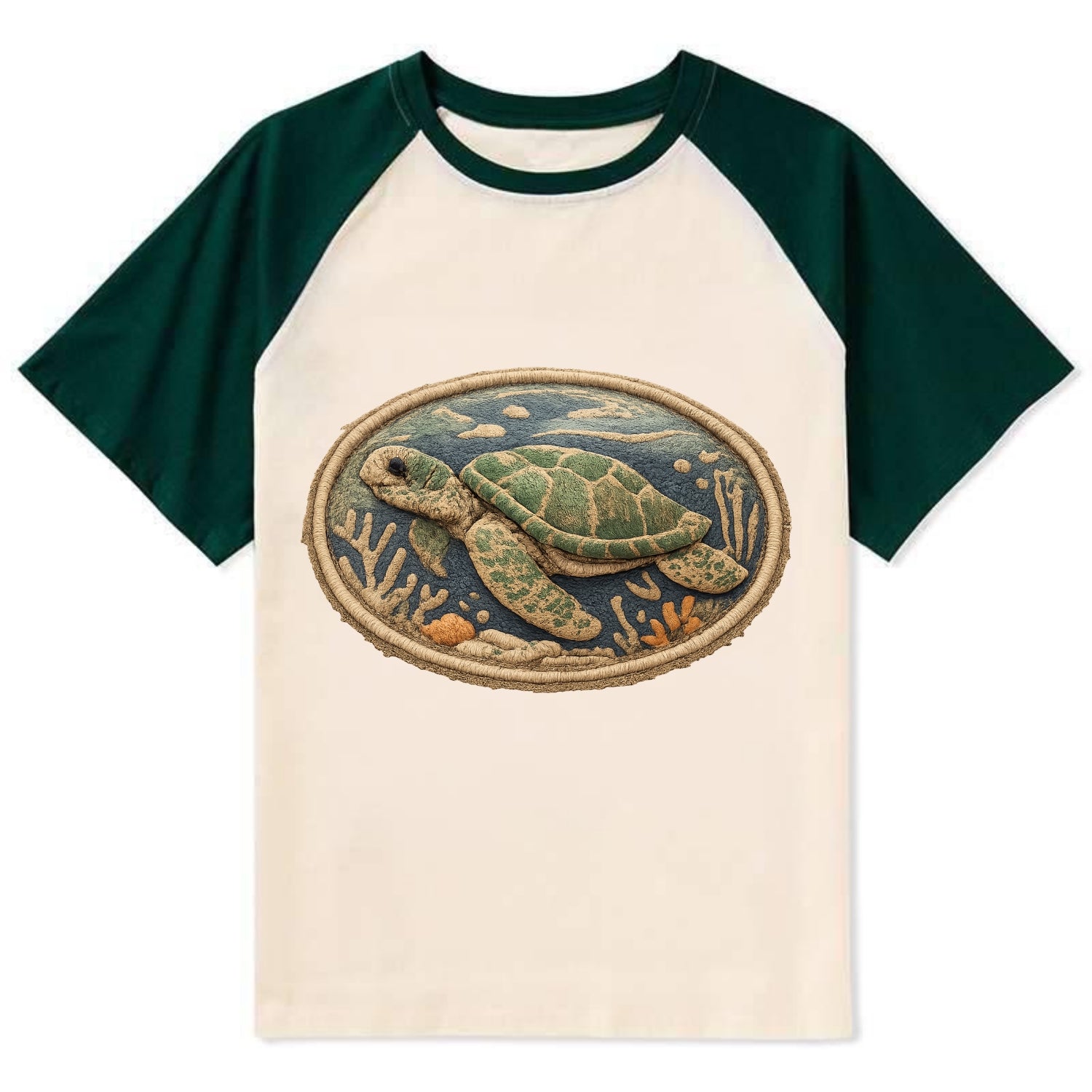 SEA TURTLE - swimming turtle in green and blue , ocean life - Contrast Raglan T-shirt - Green