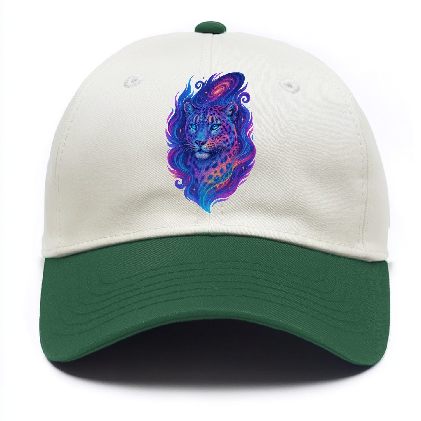 Majestic snow leopard with rainbow gradient spots, crystalline flowing patterns, - Two Tone Cap - Green