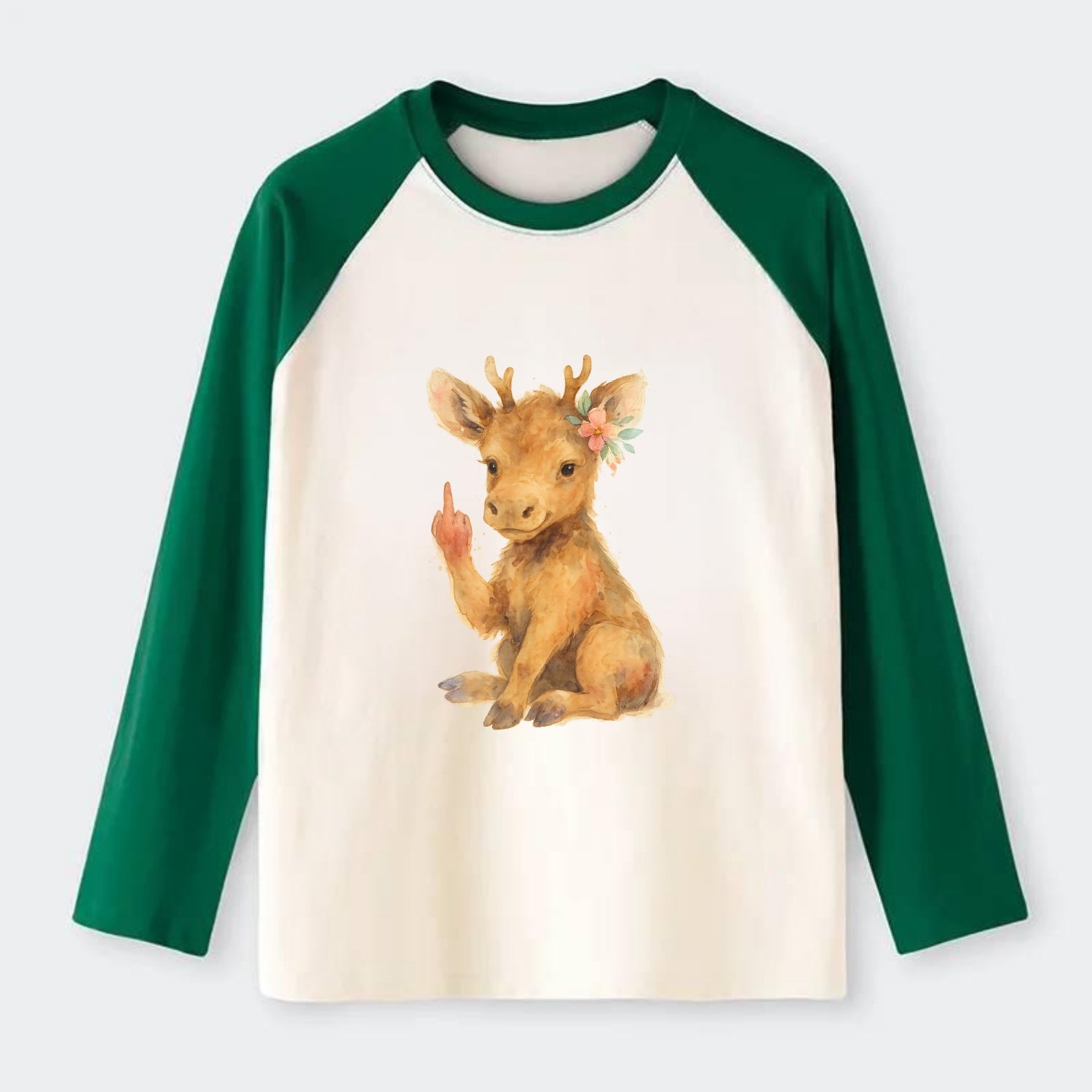 baby moose with adorable tiny antlers, one hoof raised in attitude - Raglan Long Sleeve T-Shirt - Green