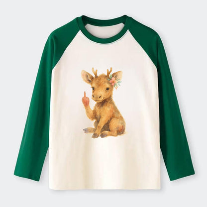 baby moose with adorable tiny antlers, one hoof raised in attitude - Raglan Long Sleeve T-Shirt - Green
