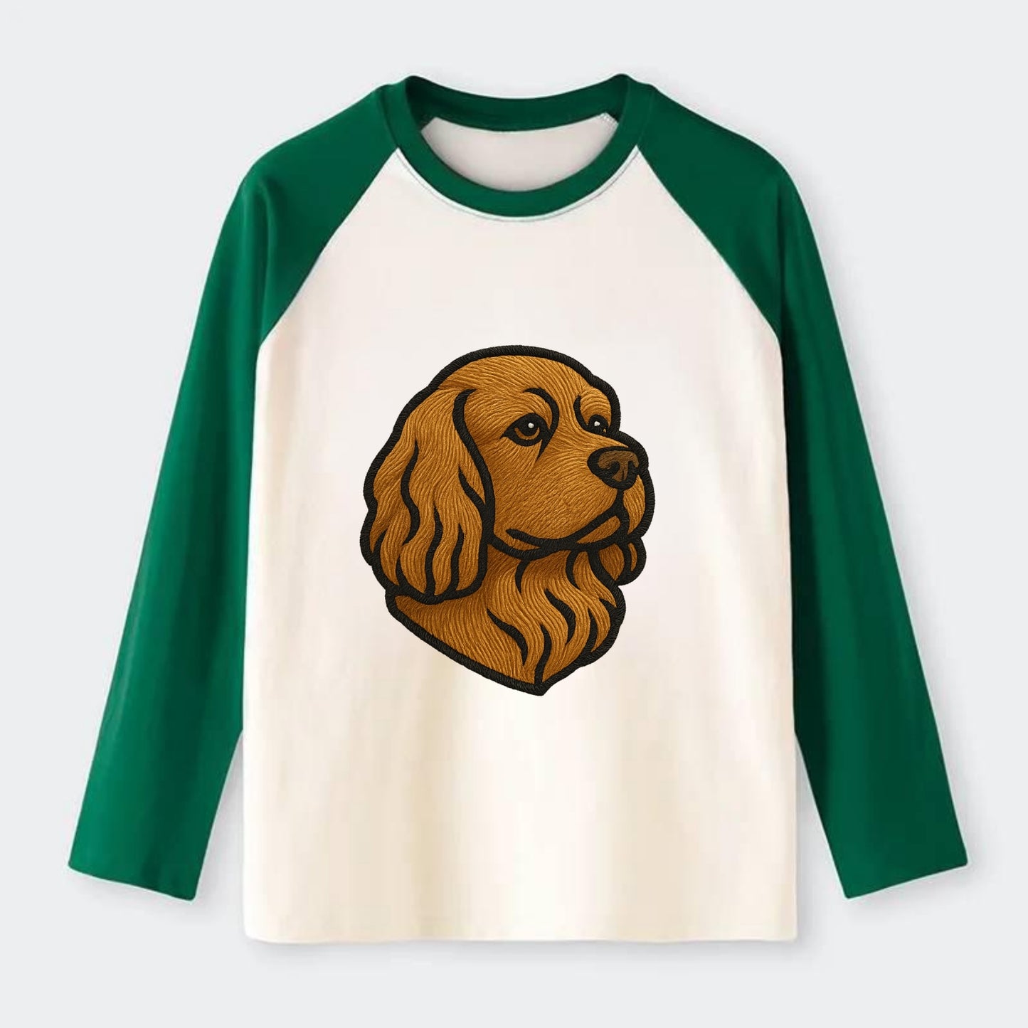 Sussex Spaniel - Golden liver embroidered low-set design - Raglan Long Sleeve T-Shirt - Green