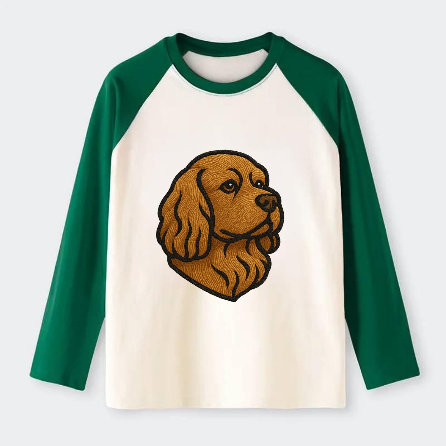 Sussex Spaniel - Golden liver embroidered low-set design - Raglan Long Sleeve T-Shirt - Green