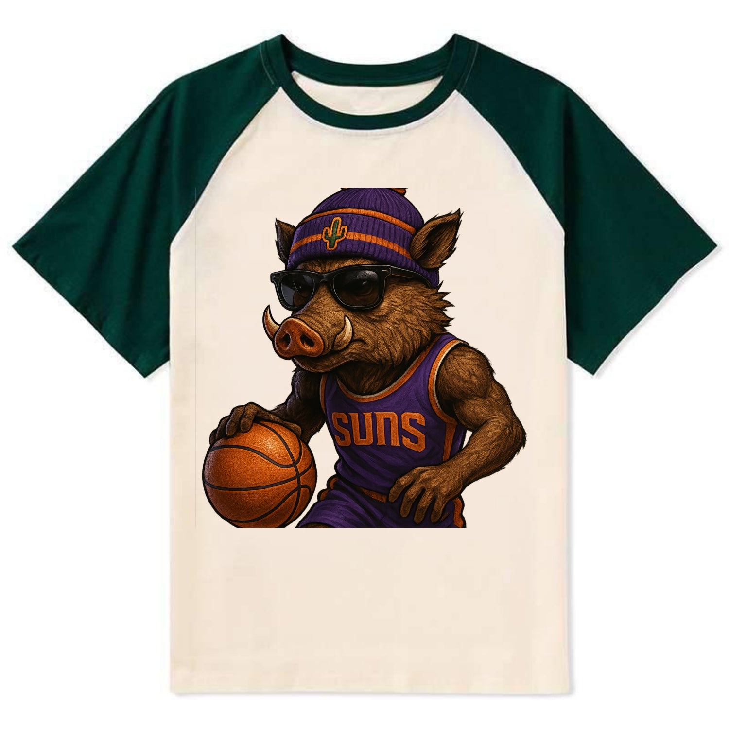 Phoenix Javelina wearing Suns beanie with cactus patch and wayfarer - Contrast Raglan T-shirt - Green