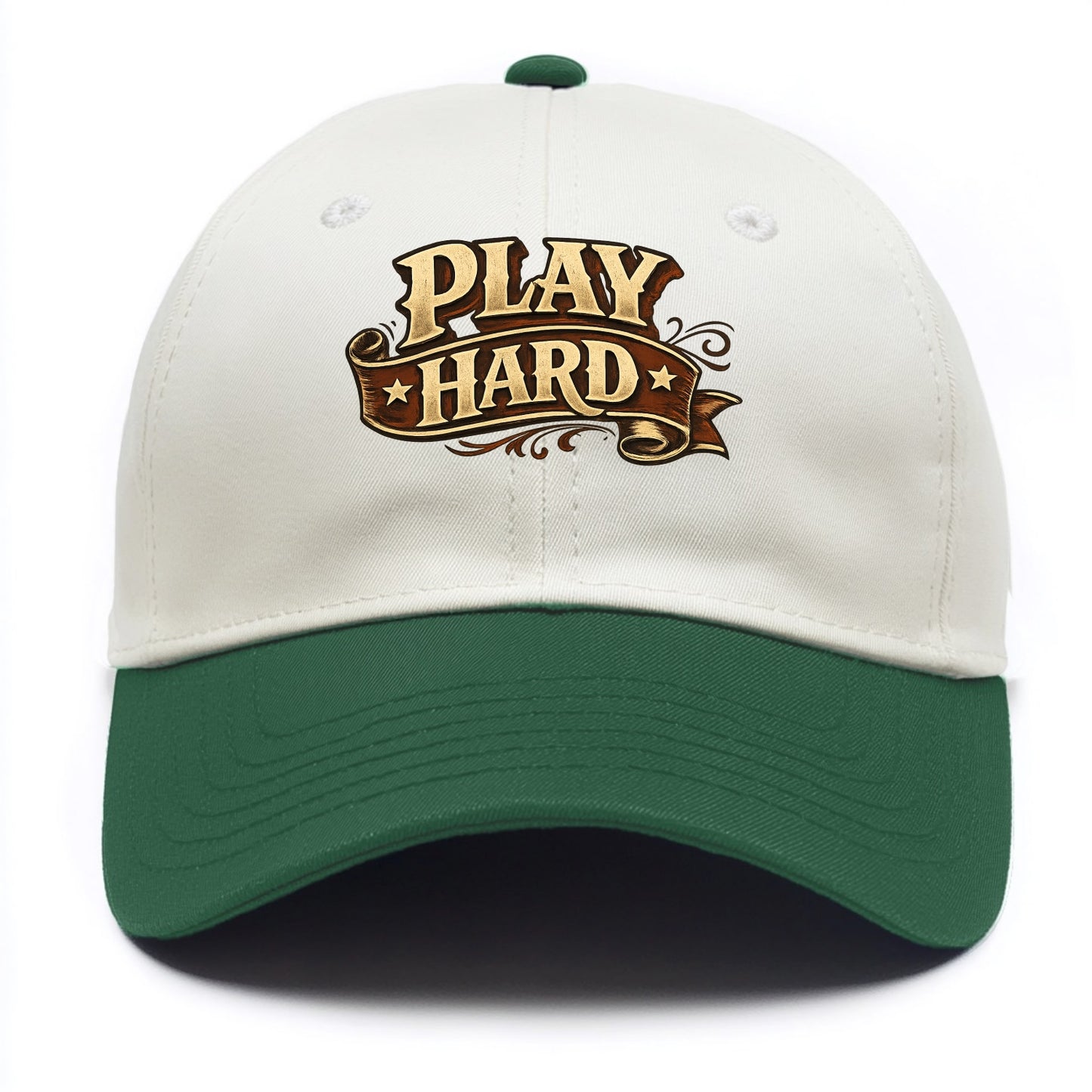 Bold typography design - "PLAY HARD" - giving your all, full effort - Two Tone Cap - Green