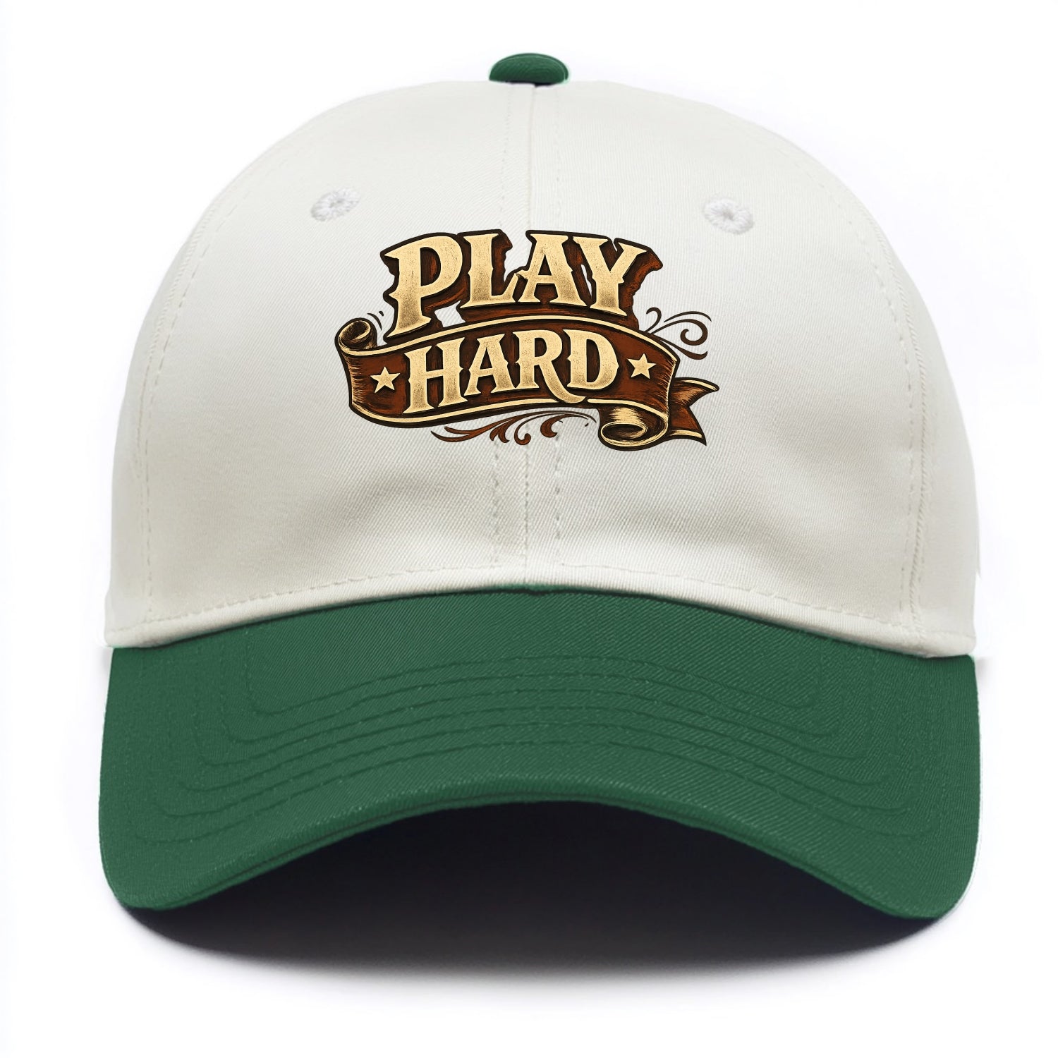 Bold typography design - "PLAY HARD" - giving your all, full effort - Two Tone Cap - Green
