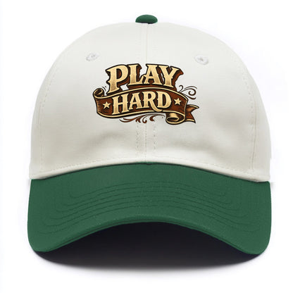 Bold typography design - "PLAY HARD" - giving your all, full effort - Two Tone Cap - Green