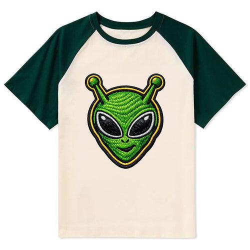 ALIEN MARTIAN - green alien with antenna in green , little green man - Contrast Raglan T-shirt
