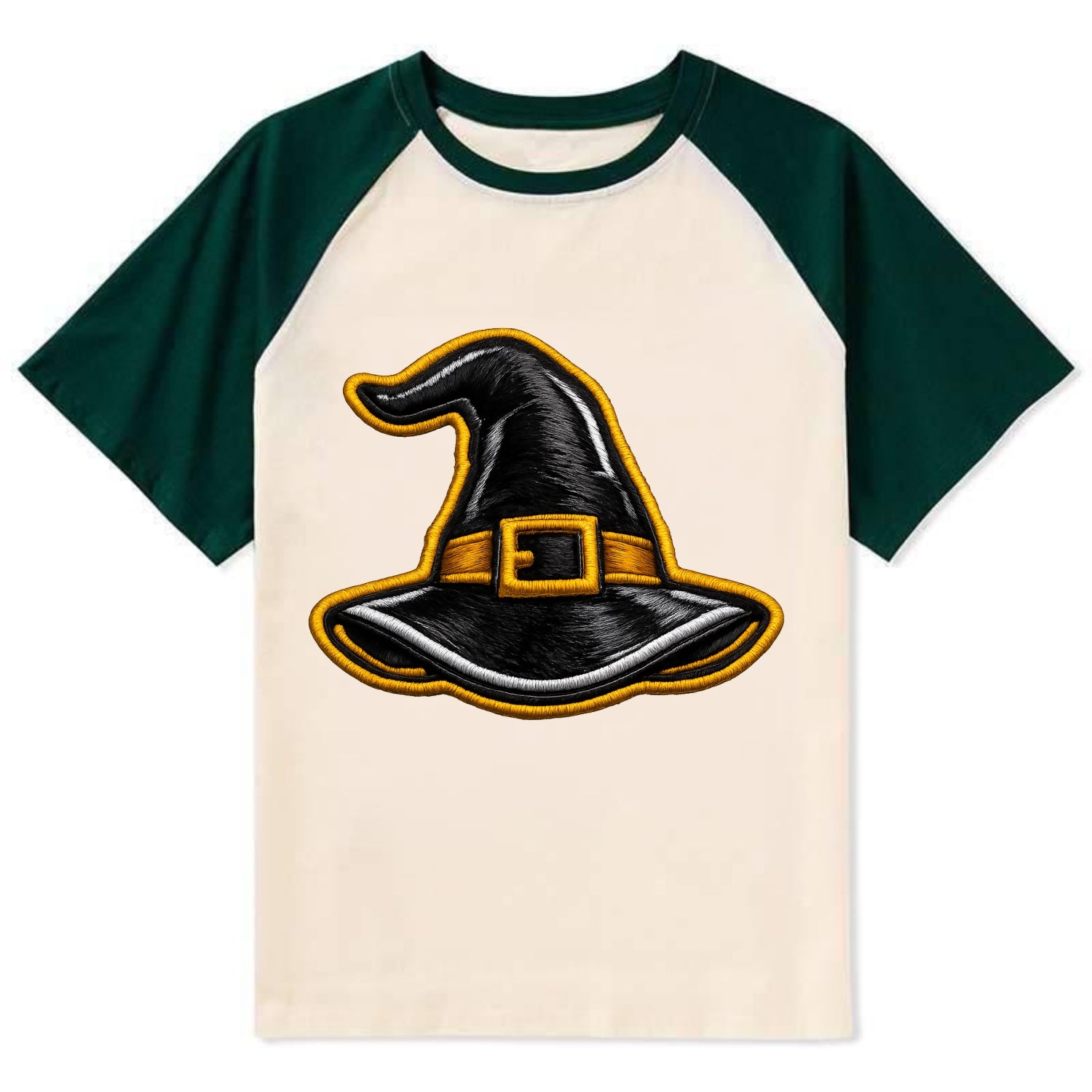 WITCH HAT - pointed hat with buckle in black and gold , coven - Contrast Raglan T-shirt - Green