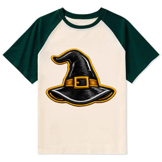 WITCH HAT - pointed hat with buckle in black and gold , coven - Contrast Raglan T-shirt - Green
