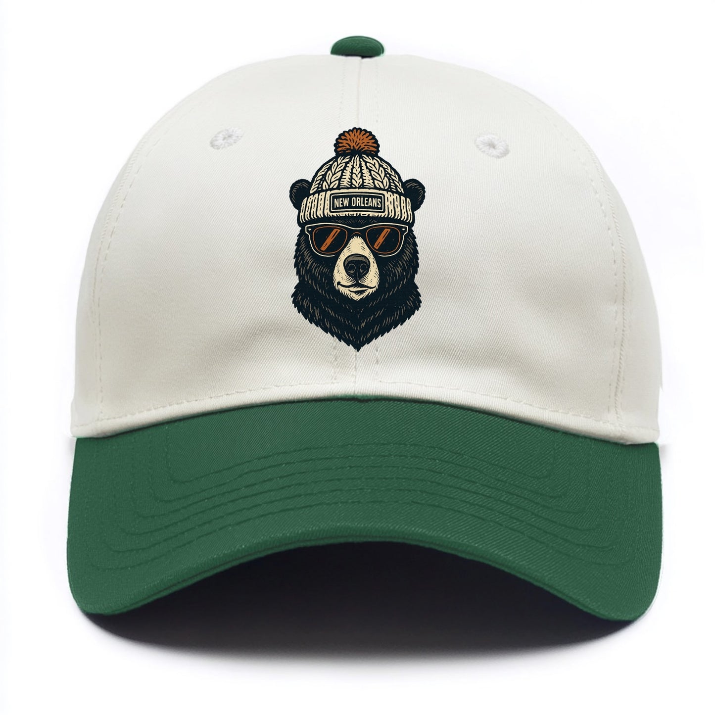 Louisiana Black Bear wearing New Orleans beanie with pom pom and wayfarer sunglasses - Two Tone Cap - Green