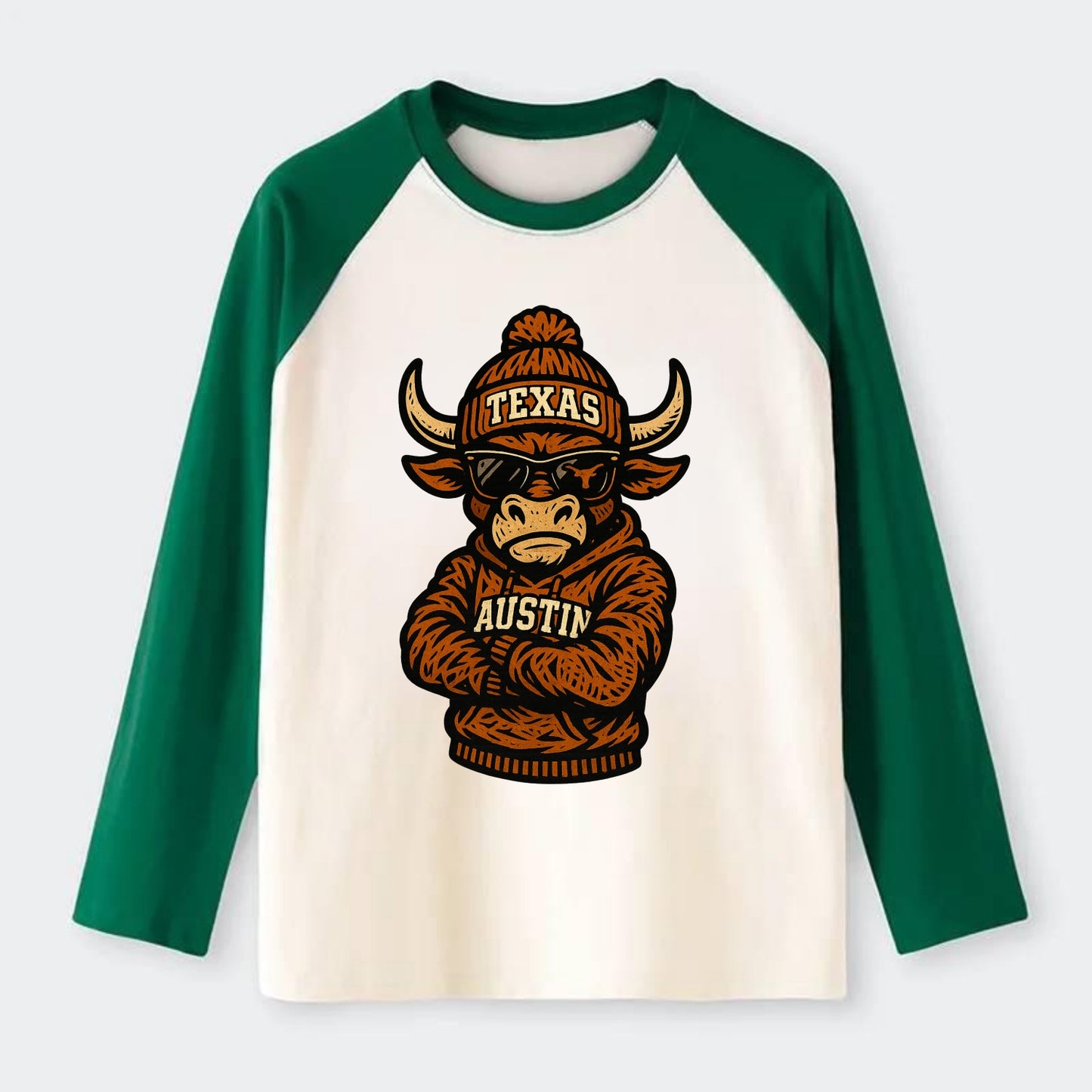 Austin Bevo wearing Texas beanie with longhorn patch - Raglan Long Sleeve T-Shirt - Green