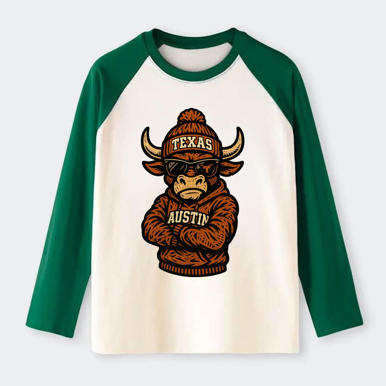 Austin Bevo wearing Texas beanie with longhorn patch - Raglan Long Sleeve T-Shirt - Green