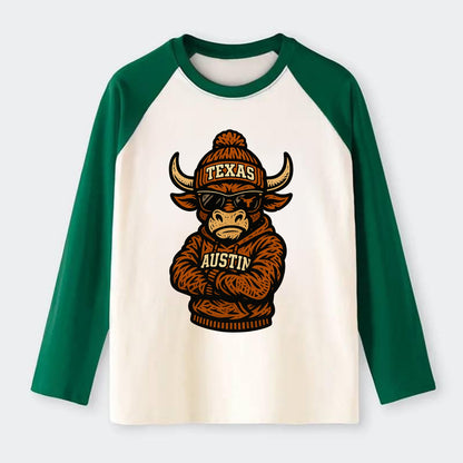 Austin Bevo wearing Texas beanie with longhorn patch - Raglan Long Sleeve T-Shirt - Green