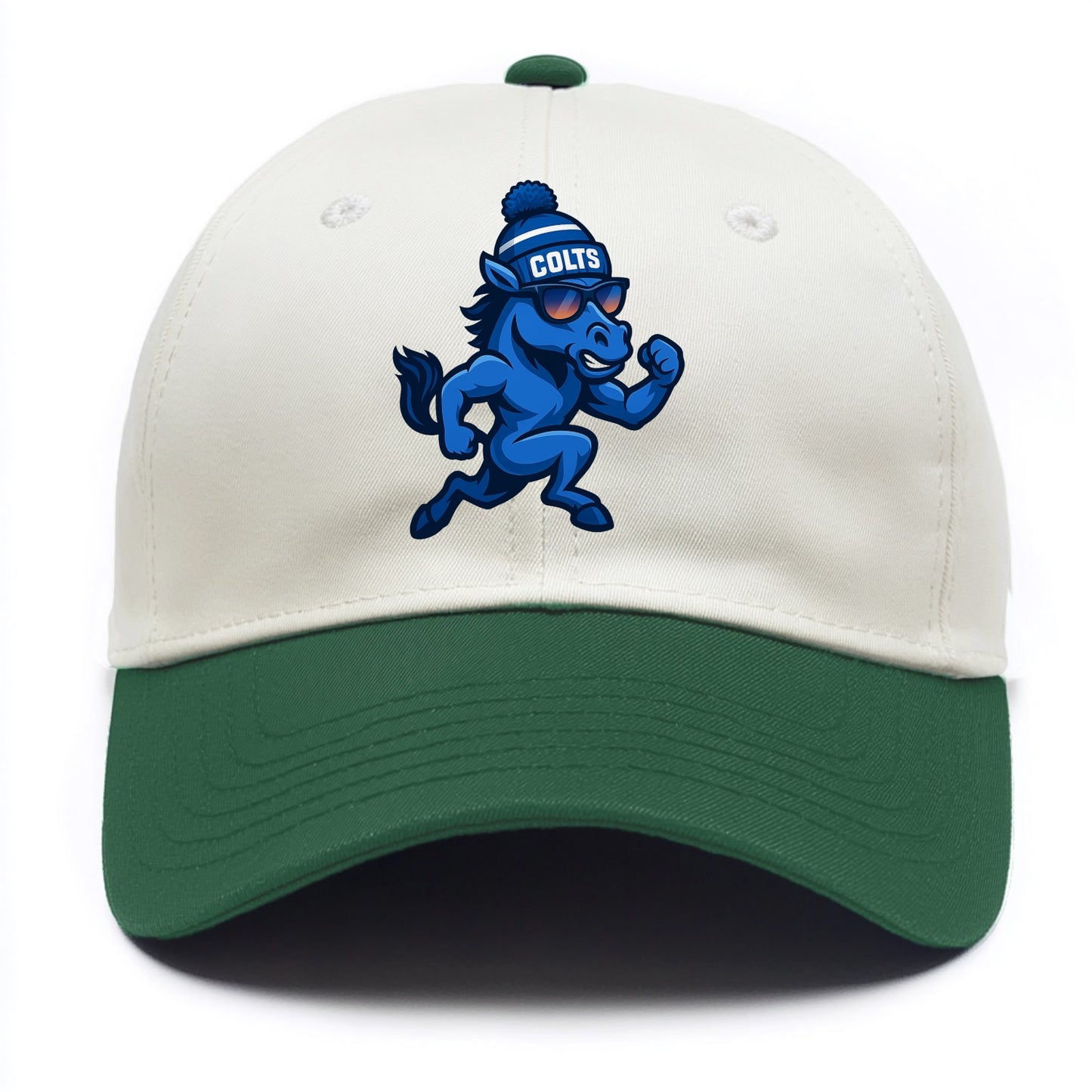 Indianapolis Colt Horse wearing Colts blue and white beanie with pom pom and - Two Tone Cap - Green