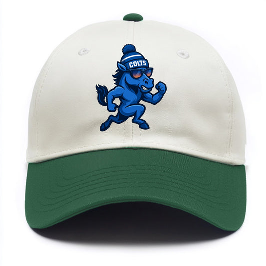 Indianapolis Colt Horse wearing Colts blue and white beanie with pom pom and - Two Tone Cap - Green