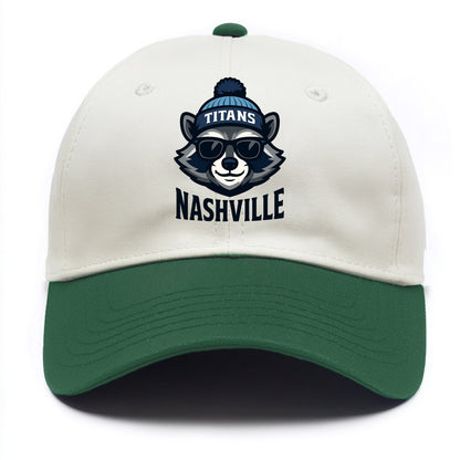 Nashville Raccoon wearing Titans navy and light blue beanie with pom pom and - Two Tone Cap - Green