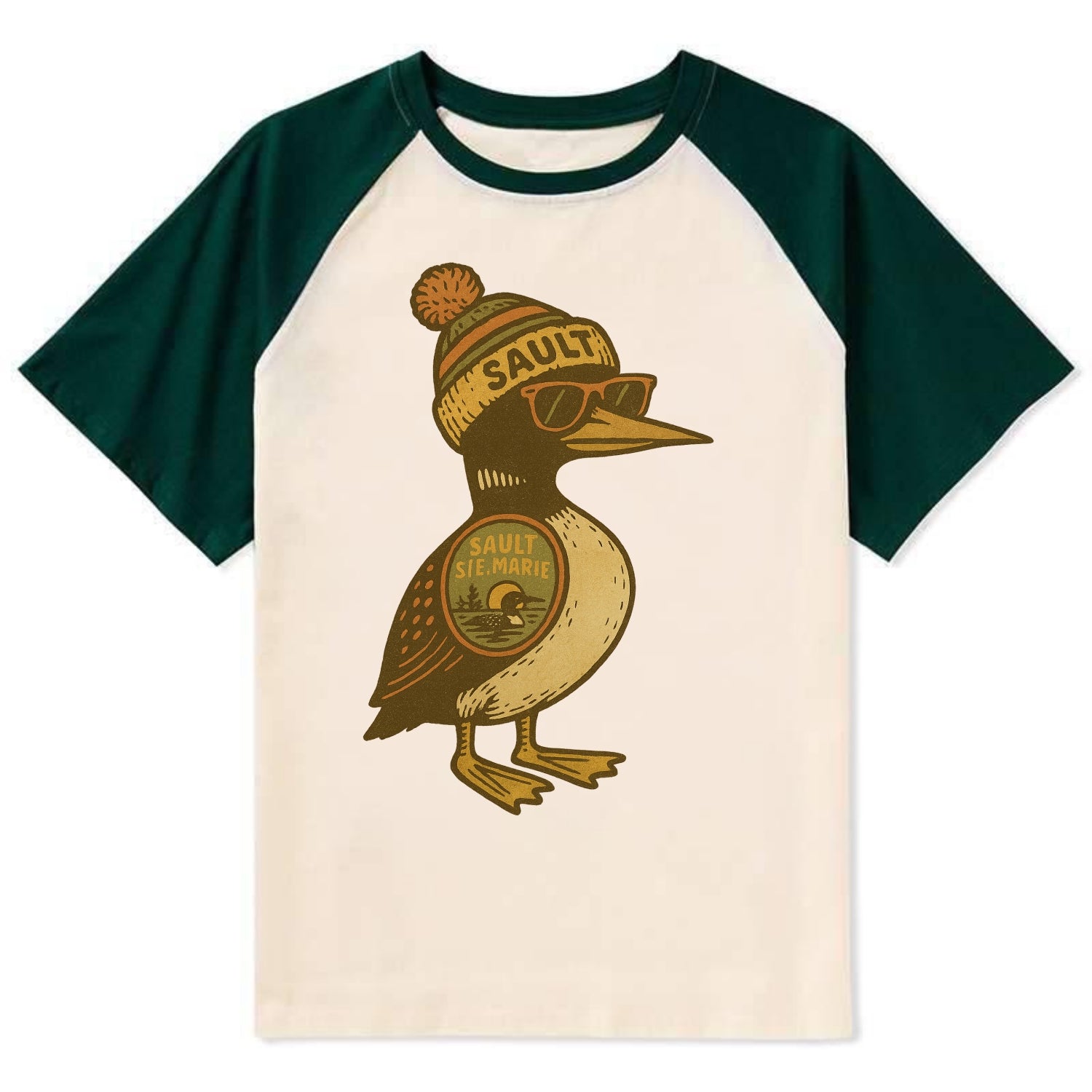 Sault Ste Marie Loon wearing Sault beani - Contrast Raglan T-shirt - Green