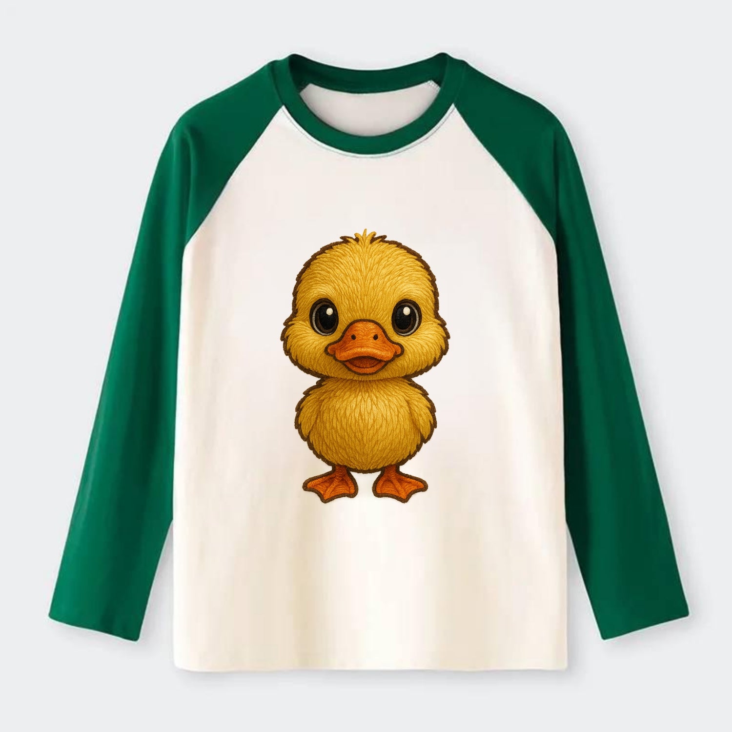 Baby Duck Duckling - yellow fluffy, orange beak, bright eyes, - Raglan Long Sleeve T-Shirt - Green