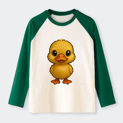 Baby Duck Duckling - yellow fluffy, orange beak, bright eyes, - Raglan Long Sleeve T-Shirt - Green