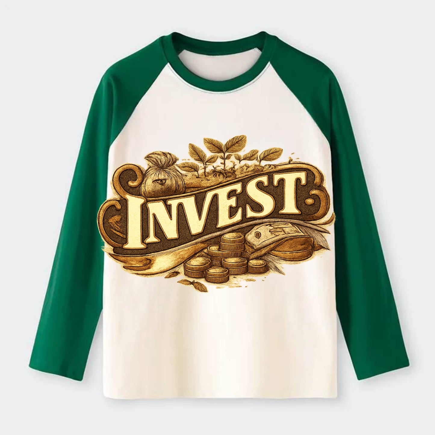 Bold typography design - "INVEST" - growing money, smart decisions - Raglan Long Sleeve T-Shirt - Green