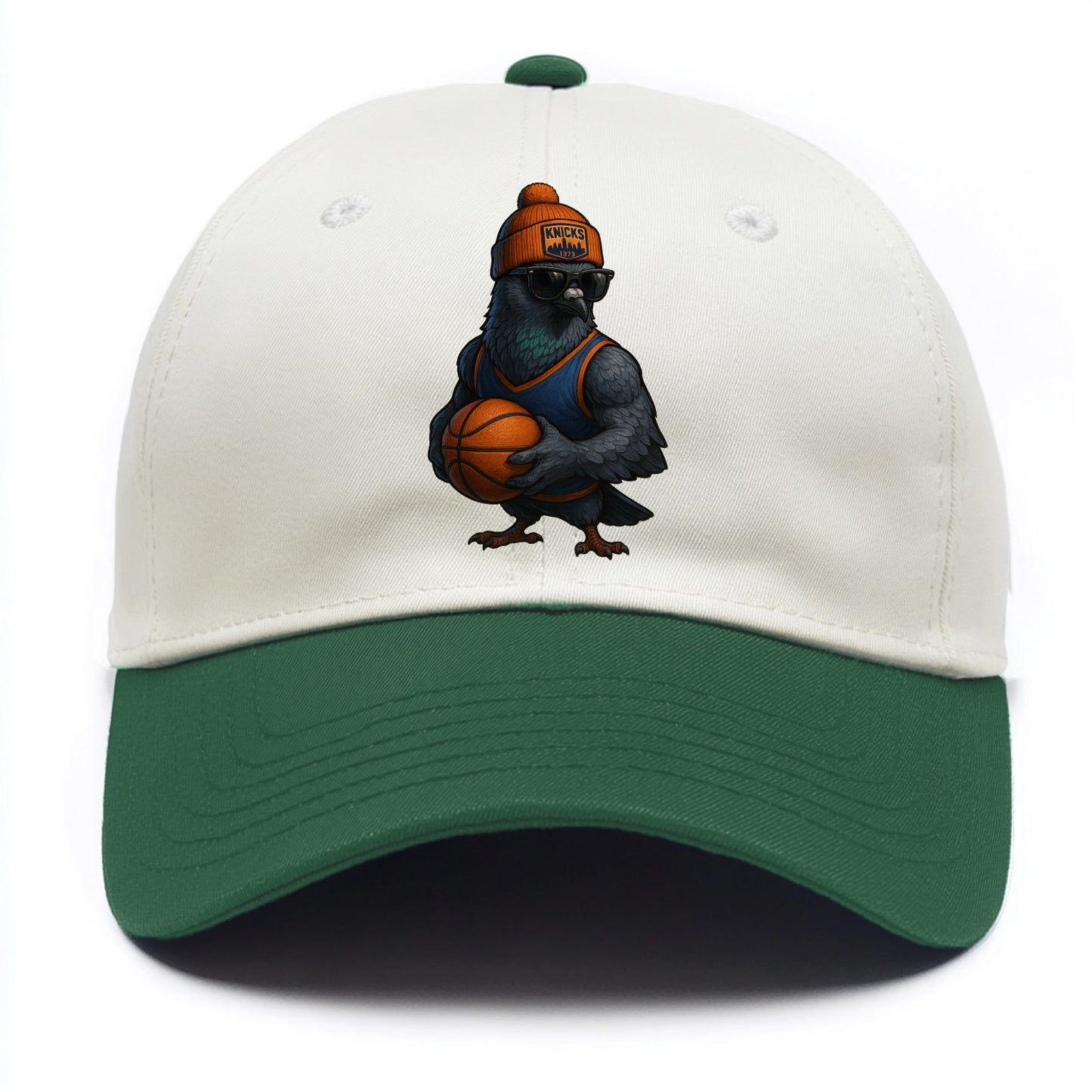 Manhattan Pigeon wearing Knicks beanie with skyline patch and wayfarer sunglasses - Two Tone Cap - Green