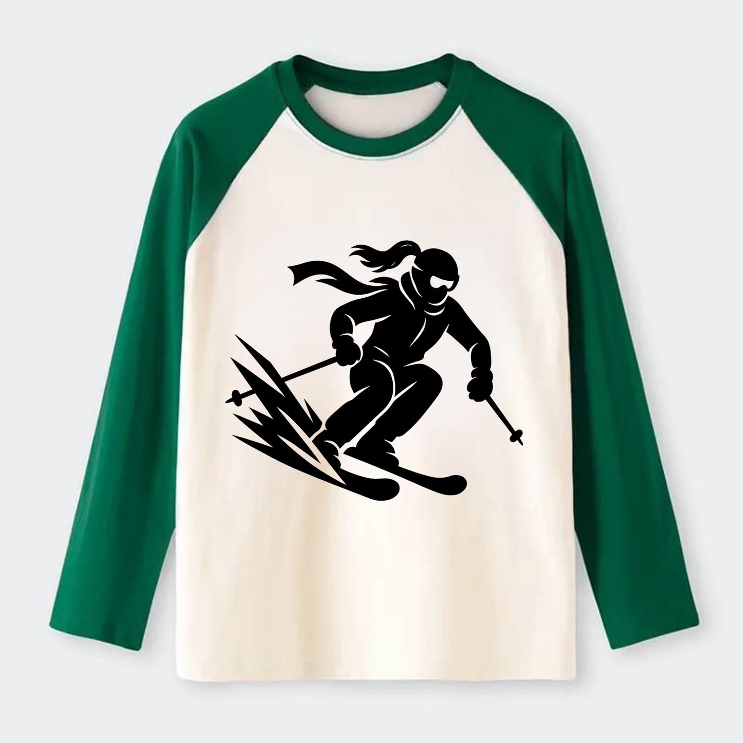 Skier carving down snowy slope - Raglan Long Sleeve T-Shirt - Green