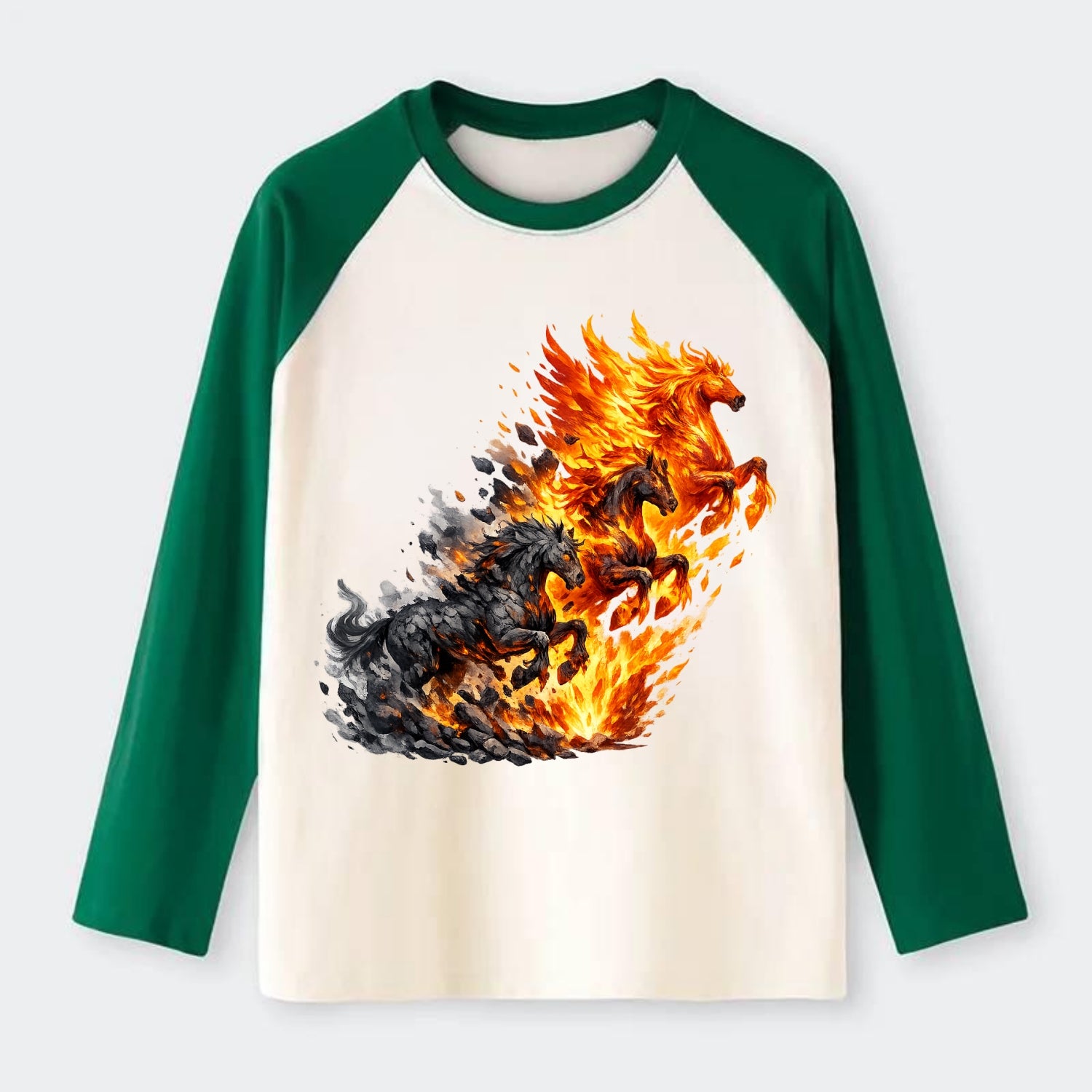 INFERNO STALLION | Horse made entirely of living flames | Blazing mane - Raglan Long Sleeve T-Shirt - Green