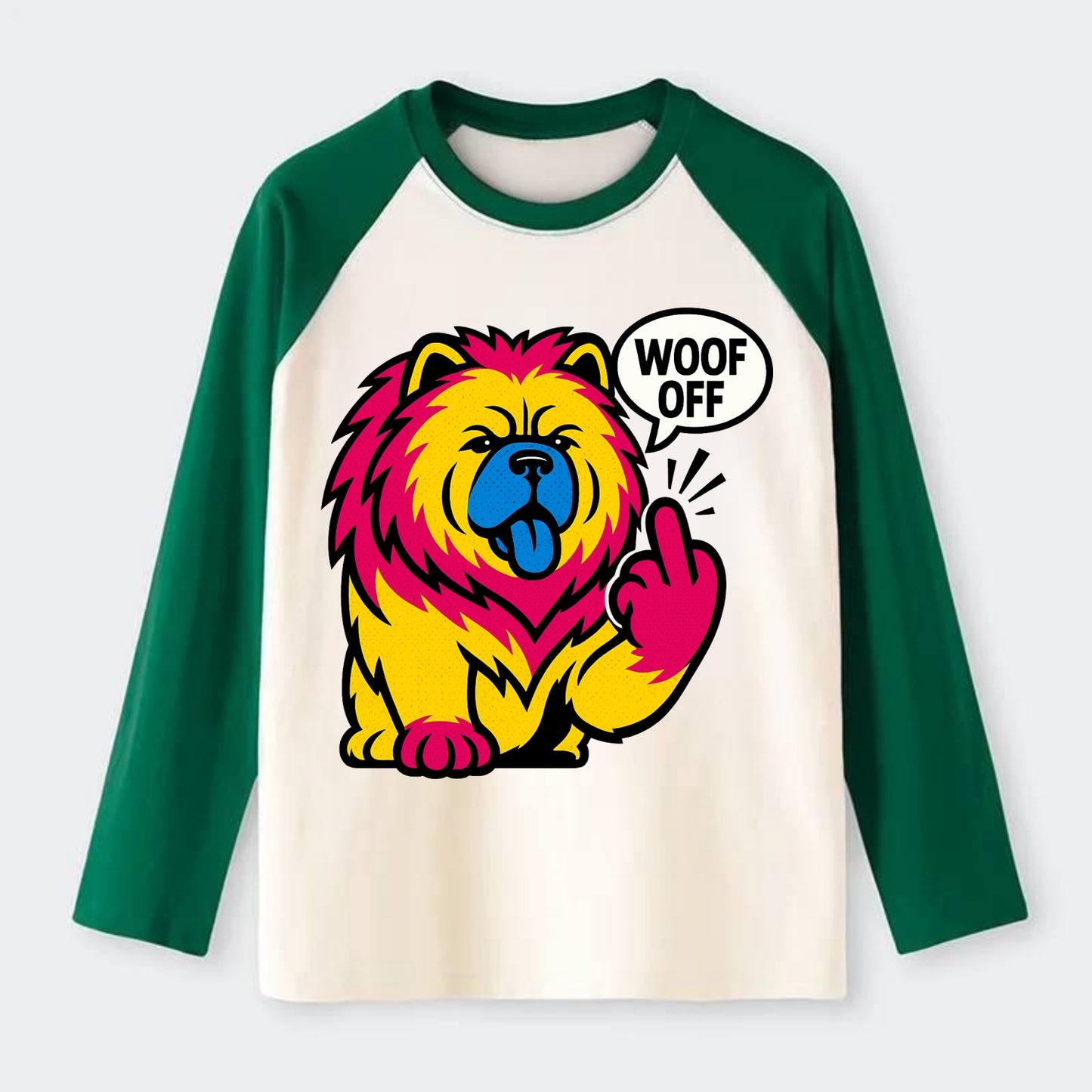 Chow Chow with lion mane and blue-black tongue, fluffy dignified paw - Raglan Long Sleeve T-Shirt - Green