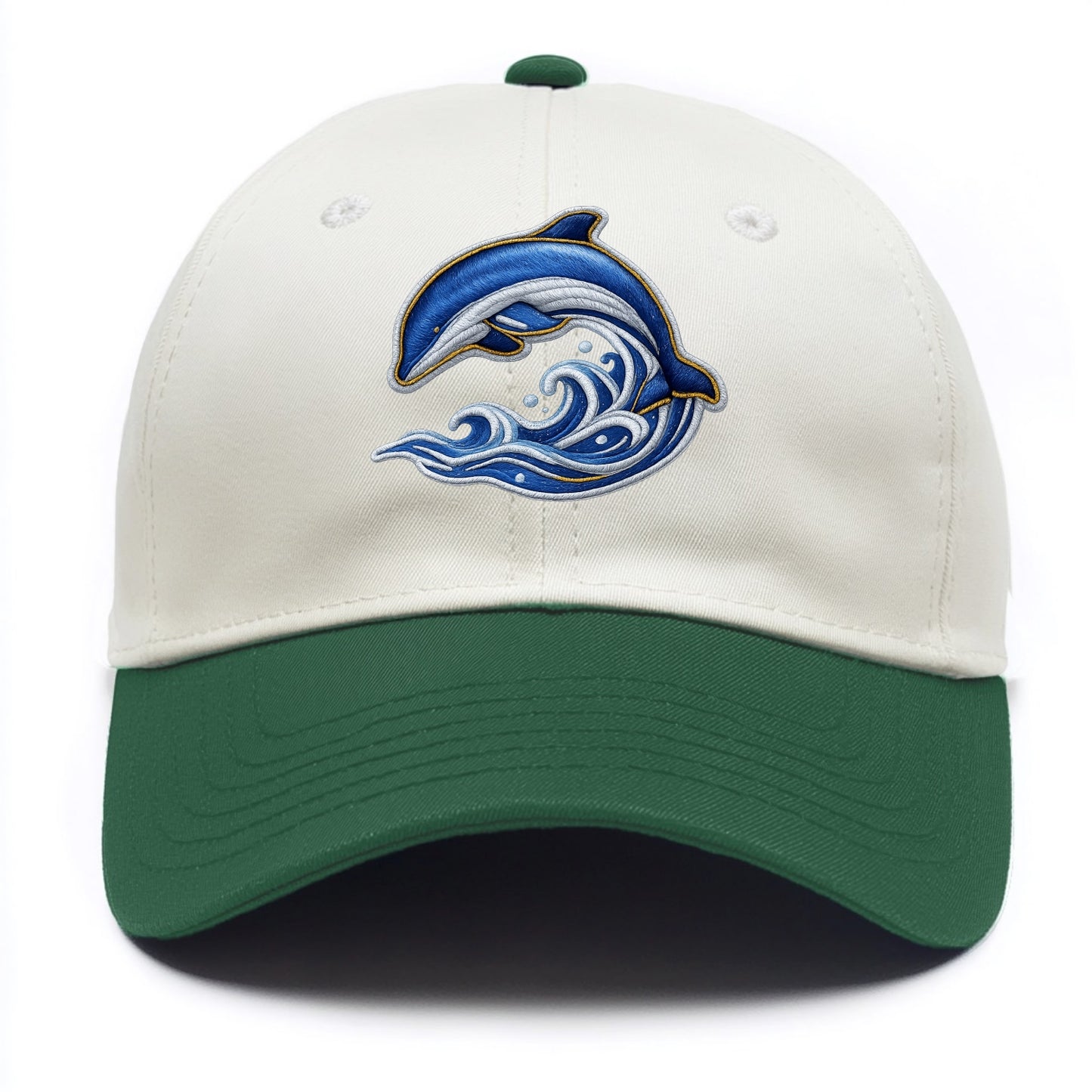 Embroidered patch design - SWIMMING DOLPHIN - diving dolphin with waves in blue and - Two Tone Cap - Green