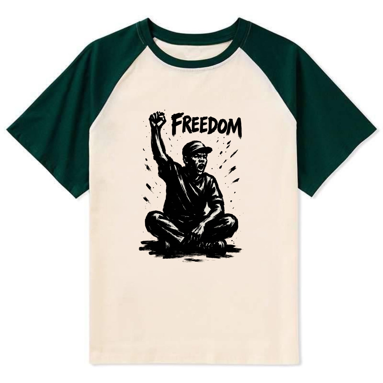 Sit-in protest figure - civil disobedience ink art - Contrast Raglan T-shirt - Green