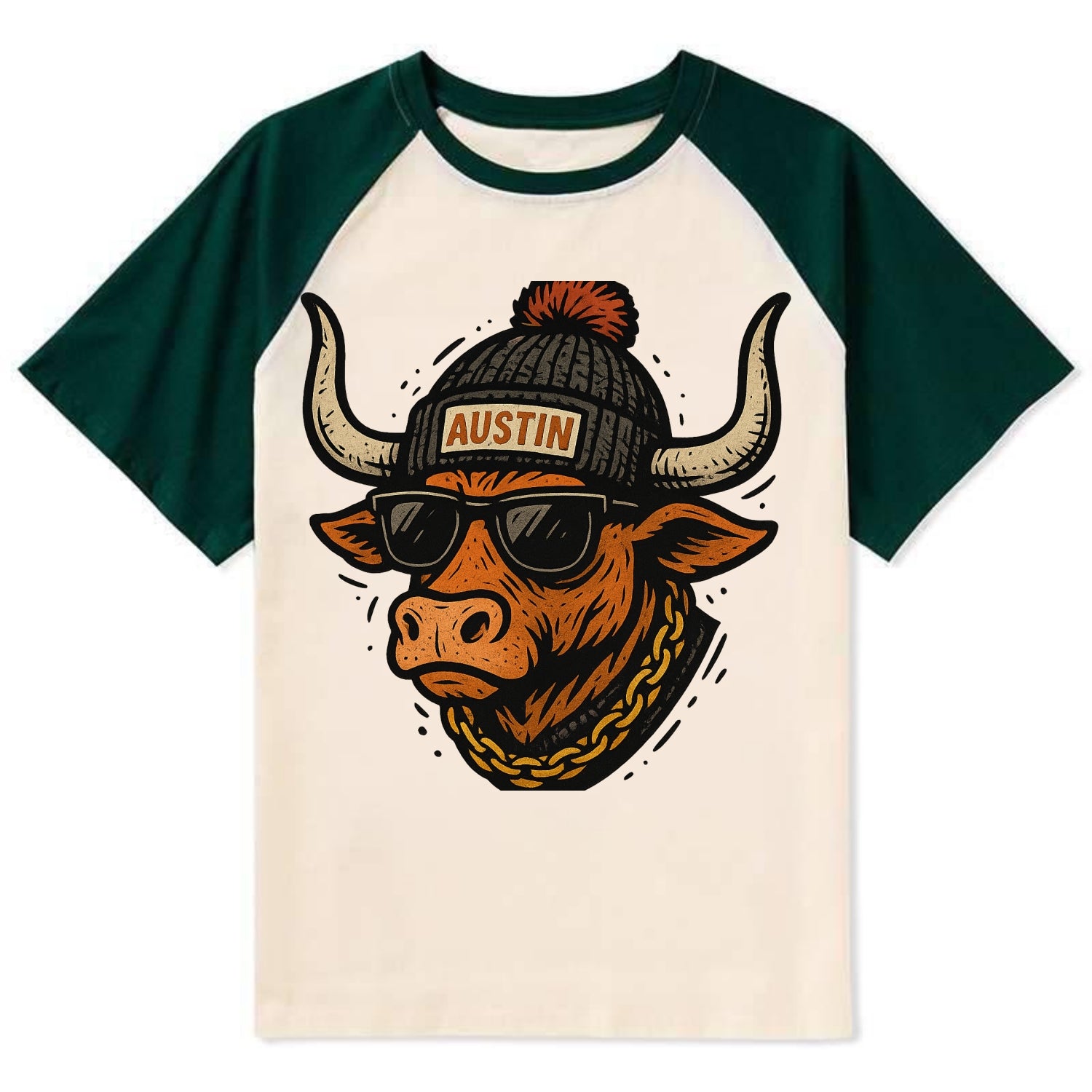 Texas Longhorn wearing Austin beanie with pom pom and wayfarer sunglasses - Contrast Raglan T-shirt - Green