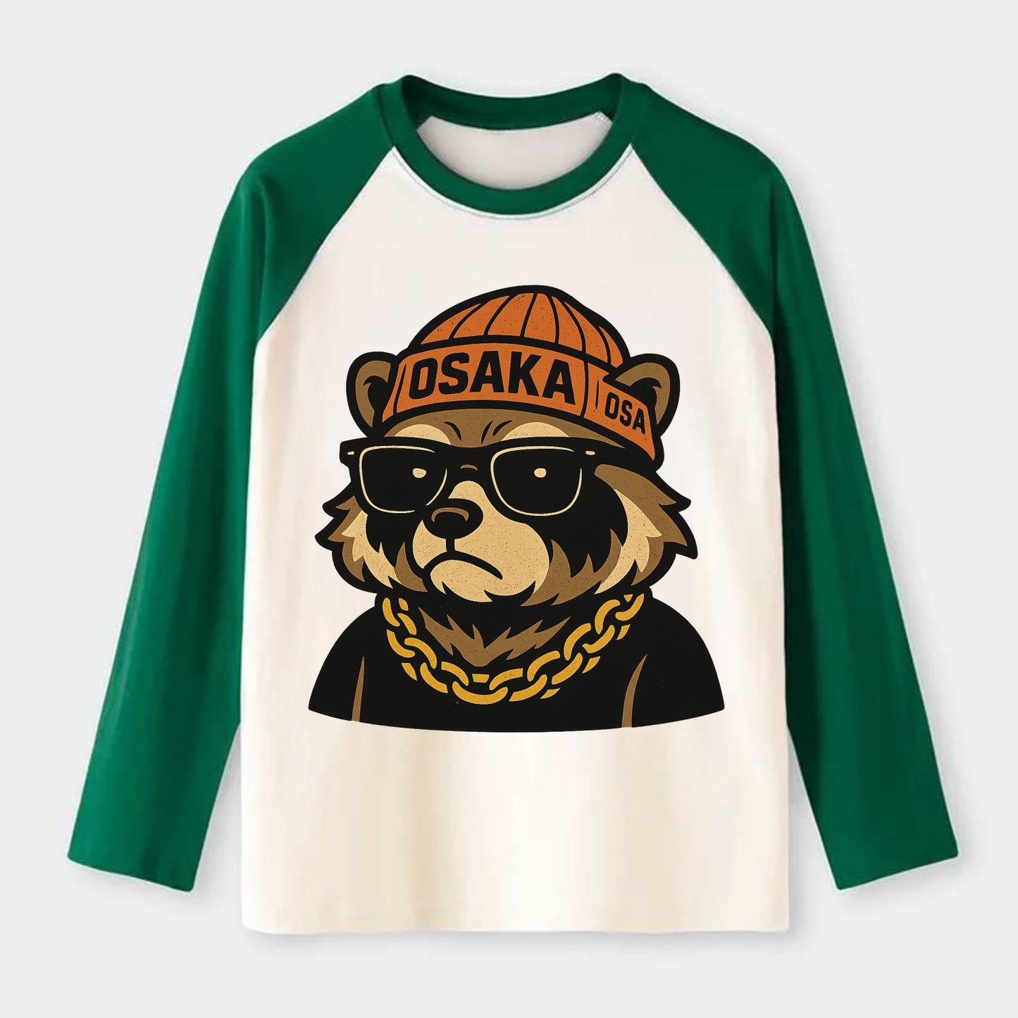 Osaka Tanuki - Raglan Long Sleeve T-Shirt - Green