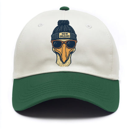 New Orleans Pelican wearing New Orleans beanie with pom pom and wayfarer sunglasses - Two Tone Cap - Green