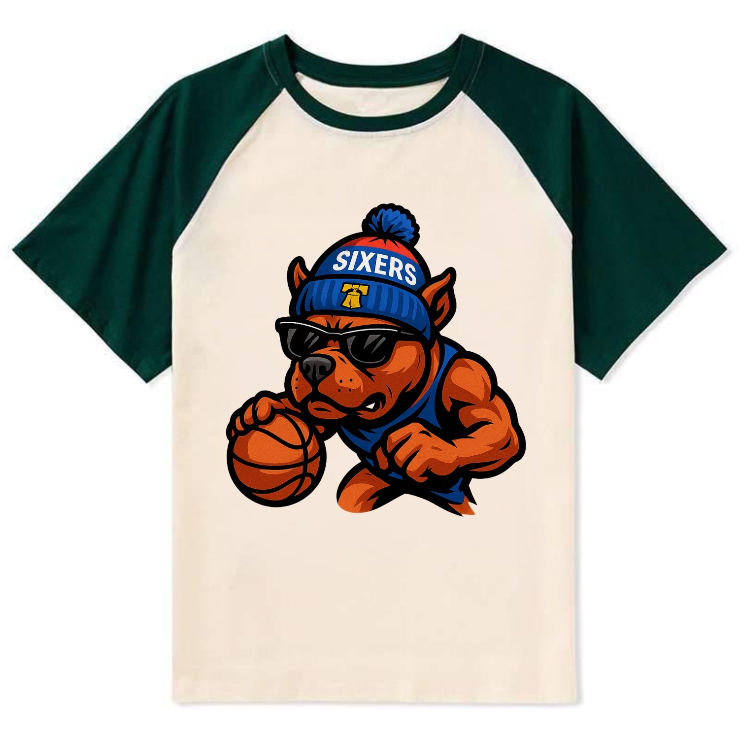 Philly Pitbull wearing Sixers beanie with Liberty Bell and wayfarer - Contrast Raglan T-shirt - Green