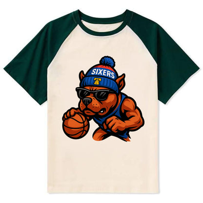 Philly Pitbull wearing Sixers beanie with Liberty Bell and wayfarer - Contrast Raglan T-shirt - Green