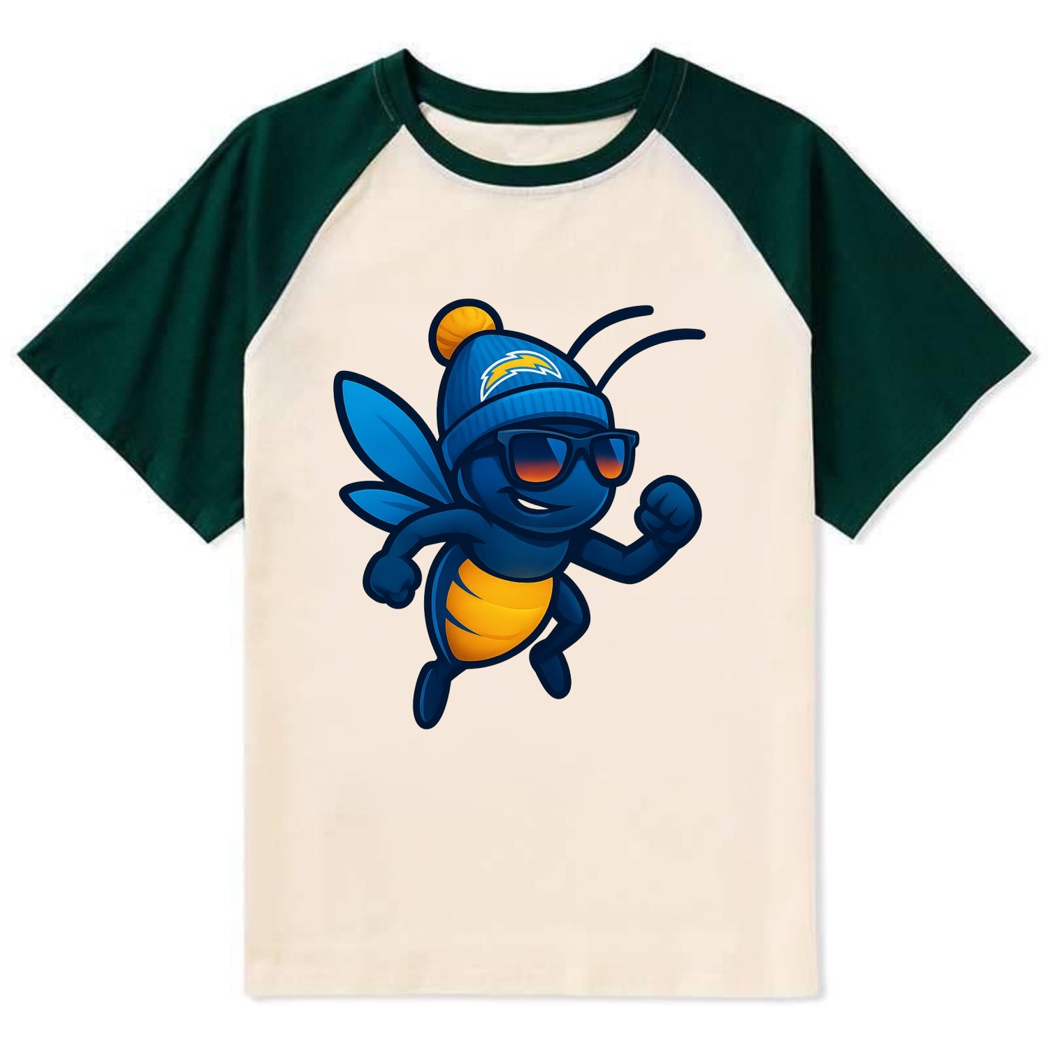 LA Lightning Bug wearing Chargers powder blue and gold beanie with pom - Contrast Raglan T-shirt - Green