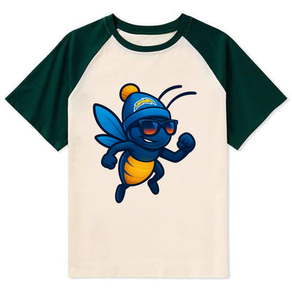 LA Lightning Bug wearing Chargers powder blue and gold beanie with pom - Contrast Raglan T-shirt - Green