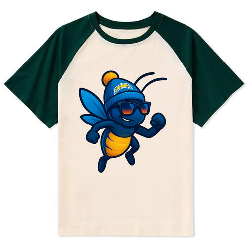 LA Lightning Bug wearing Chargers powder blue and gold beanie with pom - Contrast Raglan T-shirt