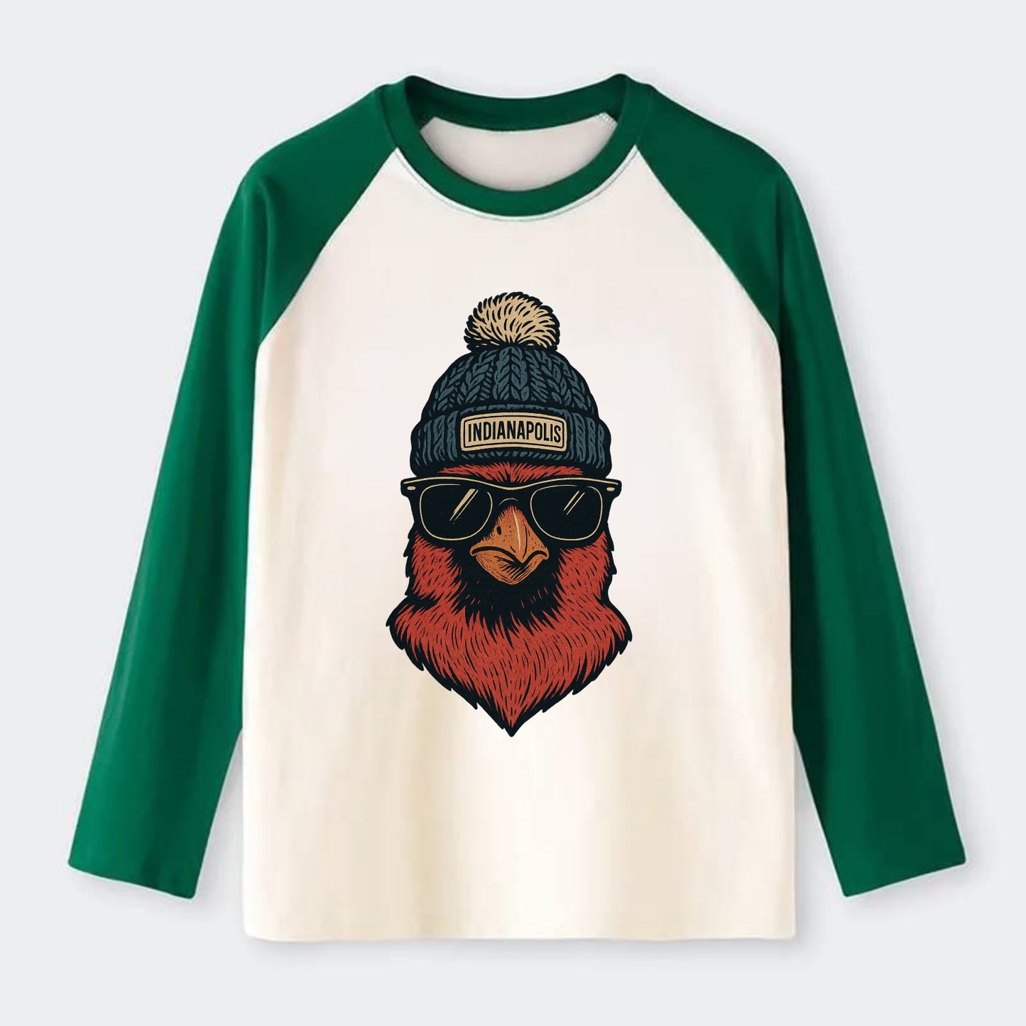 Indiana Cardinal wearing Indianapolis beanie with pom pom and wayfarer - Raglan Long Sleeve T-Shirt - Green