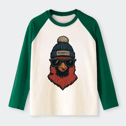 Indiana Cardinal wearing Indianapolis beanie with pom pom and wayfarer - Raglan Long Sleeve T-Shirt - Green