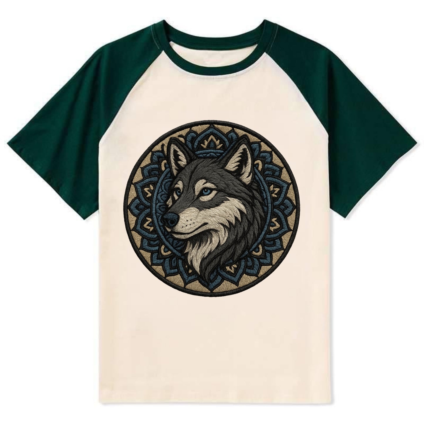 Mandala Wolf Pattern  - Contrast Raglan T-shirt - Green